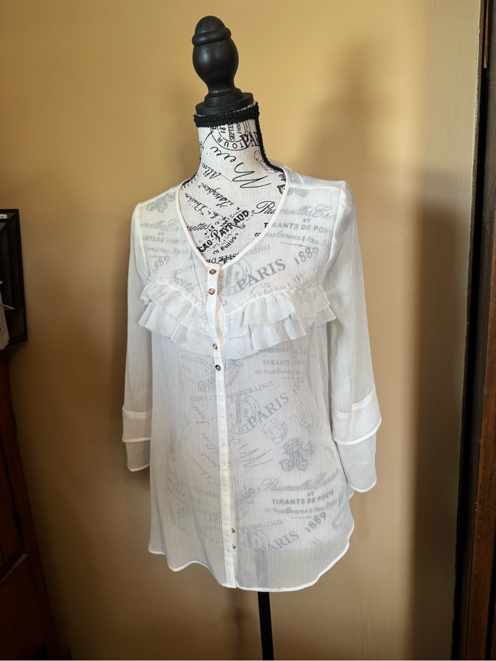 LC Lauren Conrad Ivory Sheer Ruffle-Front Blouse
